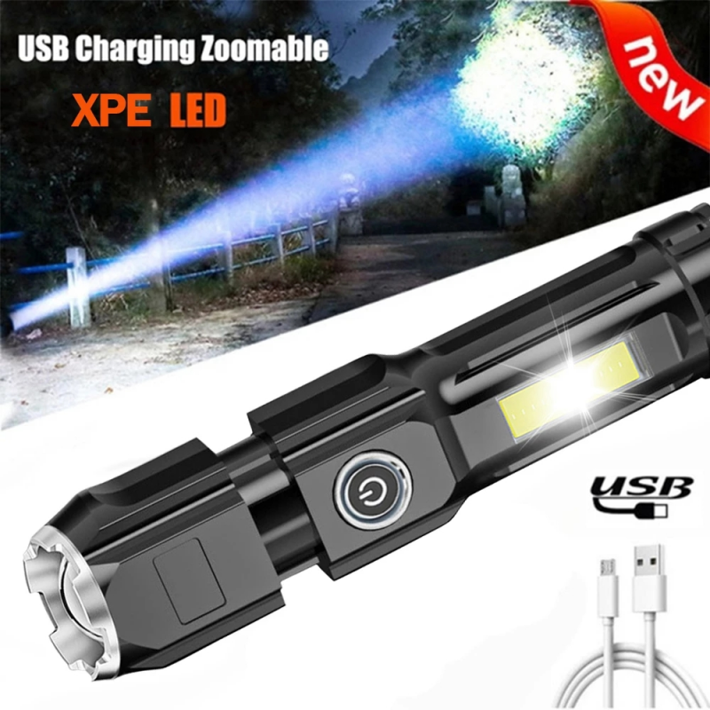 Powerful Zoomable USB Rechargeable Flashlight Super Bright torchlight T6 led flashlights With COB Side Light Portable Camping Light Strong light Torch light