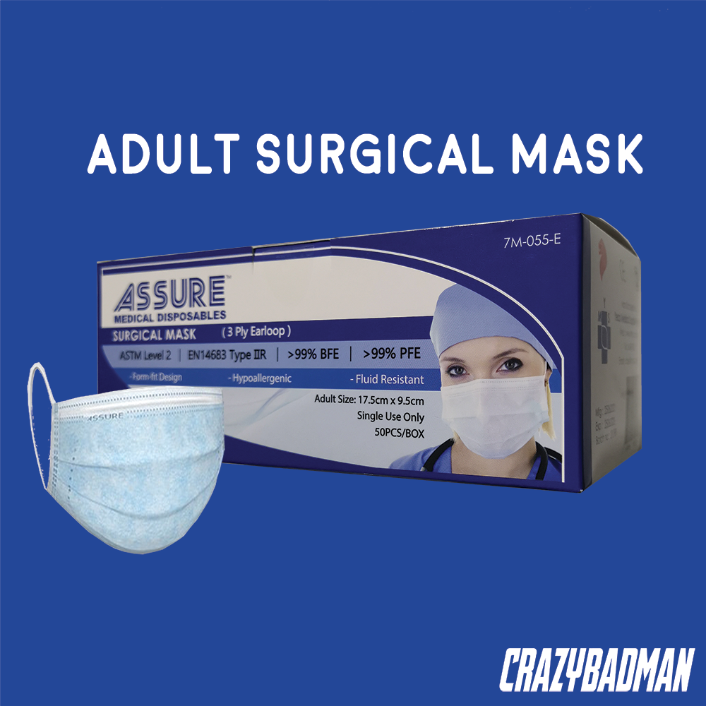 Assure Surgical Face Mask 3-Ply 50s Box Blue Earloop, BFE 99% Adult