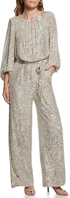 Vince Camuto womens Jewel Neck Tie Waist Sequin Wide Leg Jumpsuit