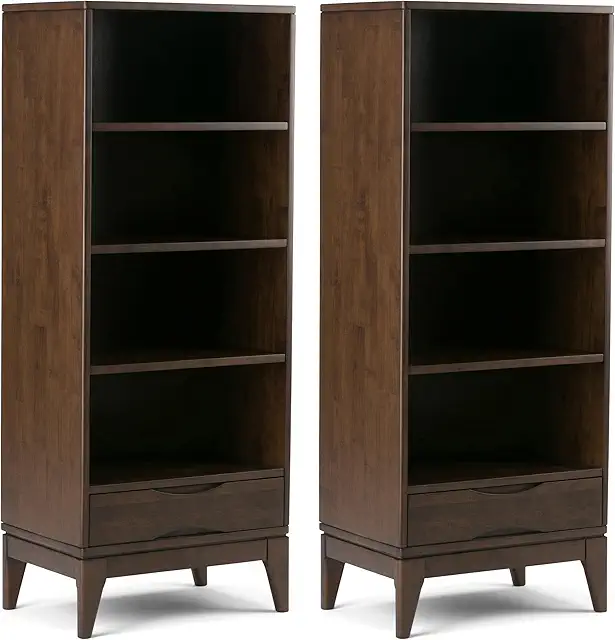 Harper 24 inch Mid-Century Modern 4 Shelf Bookcase with Drawer (Set of 2) in Walnut Brown for The Living Room